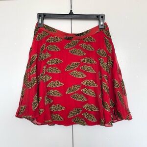 Alice + Olivia | Red cheetah animal print velvet lips flared mini skirt | Size 6